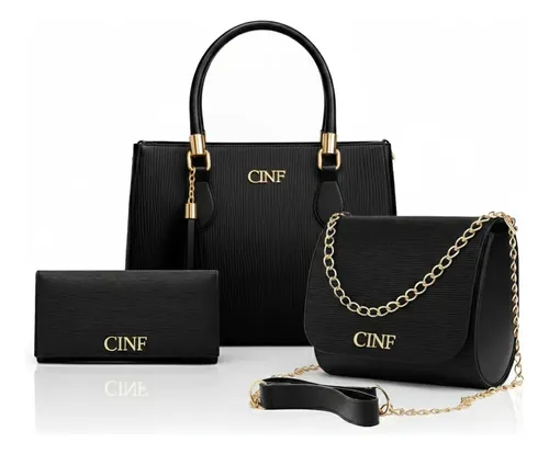 Kit Com 3 Peças Bolsas Feminina Transversal Média Tira Colo Carteira Cor Preta Cinf